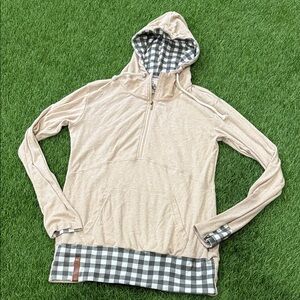 Women's Cream Pullover Hoodie with Checked Trim